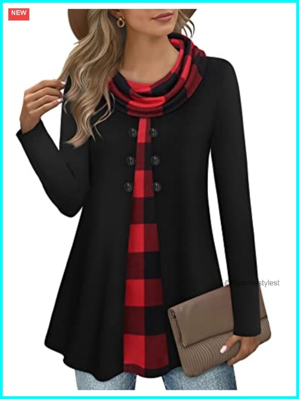 Womens Long Sleeve Cowl Neck Splicing Tunic Top with Buttons A Line Warm